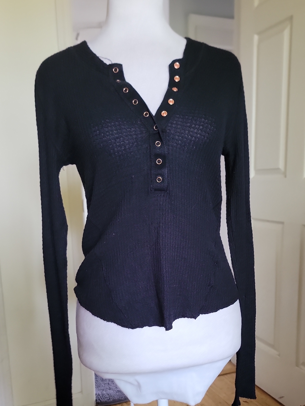 Black Long-Sleeve Henley Top with Button Detail